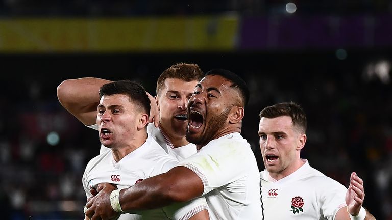 (From L to R) England&#39;s scrum-half Ben Youngs celebrates with England&#39;s centre Henry Slade, England&#39;s centre Manu Tuilagi and England&#39;s fly-half George Ford for a try which was later disallowed during the Japan 2019 Rugby World Cup semi-final match between England and New Zealand at the International Stadium Yokohama in Yokohama on October 26, 2019. (Photo by CHARLY TRIBALLEAU / AFP) (Photo by CHARLY TRIBALLEAU/AFP via Getty Images)