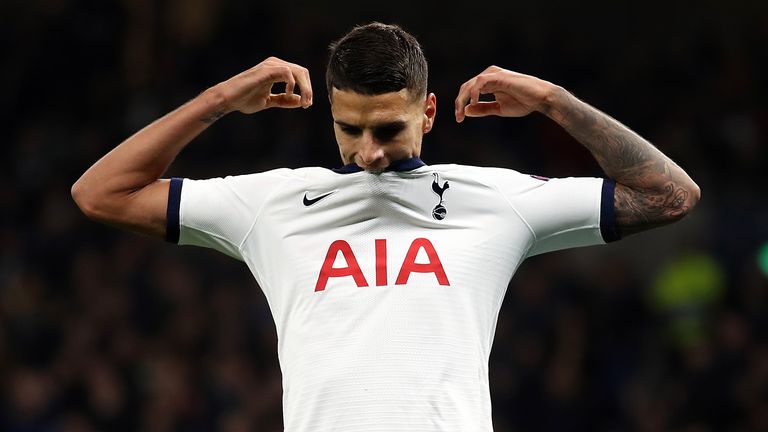Erik Lamela of Tottenham Hotspur reacts to a missed goal opportunity during the UEFA Champions League group B match between Tottenham Hotspur and Crvena Zvezda at Tottenham Hotspur Stadium on October 22, 2019 in London, United Kingdom.