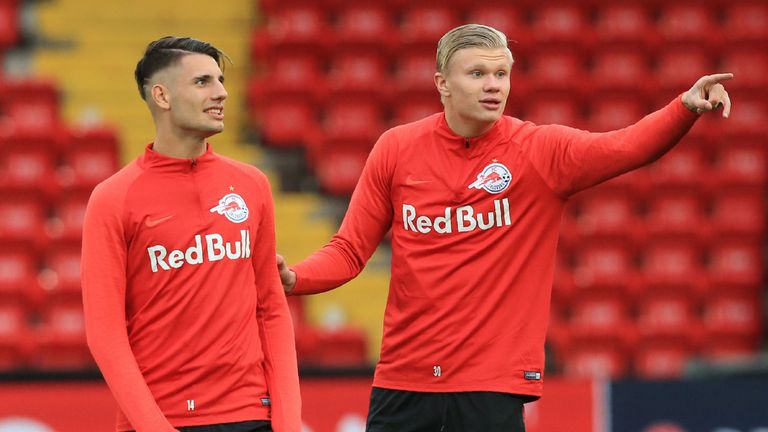 Salzburg&#39;s Norwegian striker Erling Braut Haland trains at Anfield