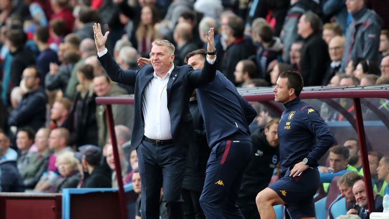 Aston Villa manager Dean Smith shows his frustration after their goal against Brighton is ruled out by VAR.