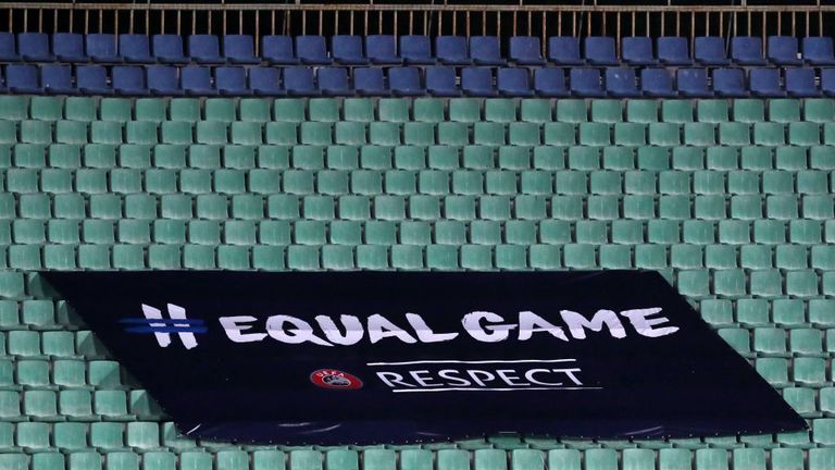 An Equal Game banner is being displayed across the empty seats at the Levski National Stadium