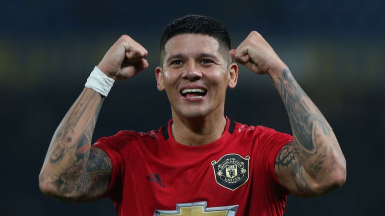 Marcos Rojo celebrates the Carabao Cup win over Chelsea