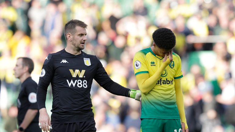 Norwich City left-back Jamal Lewis reacts after their 5-1 defeat to Aston Villa in the Premier League.