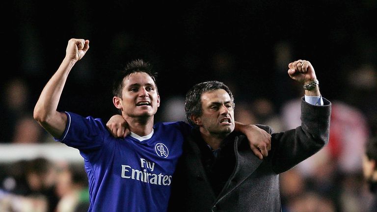 Frank Lampard and Jose Mourinho of Chelsea celebrate victory at the end of the UEFA Champions League, First Knockout Round, Second Leg match between Chelsea and Barcelona at Stamford Bridge on March 8, 2005