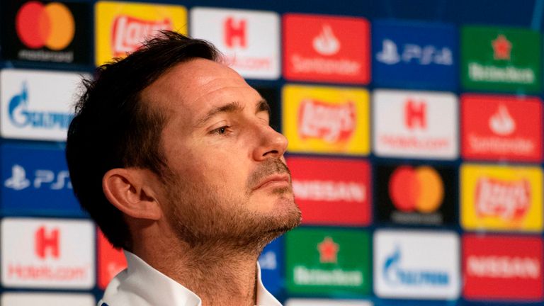 Chelsea's head coach Frank Lampard looks on during a press conference at the Johan Cruijff ArenA stadium in Amsterdam on October 22, 2019, on the eve of the Champions League Group H football match against Ajax Amsterdam