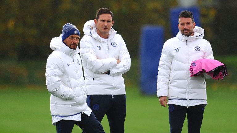 Jody Morris, Frank Lampard and Chris Jones during training on the eve of Chelsea's UEFA Champions League match against Lille