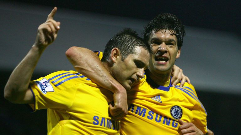 Frank Lampard of Chelsea celebrates scoring a penalty with teammate Michael Ballack during the Carling Cup 3rd Round match between Portsmouth and Chelsea held at Fratton Park on September 24, 2008 in Portsmouth