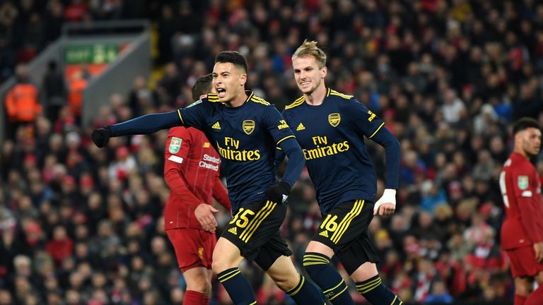 Gabriel Martinelli celebrates scoring Arsenal's second goal