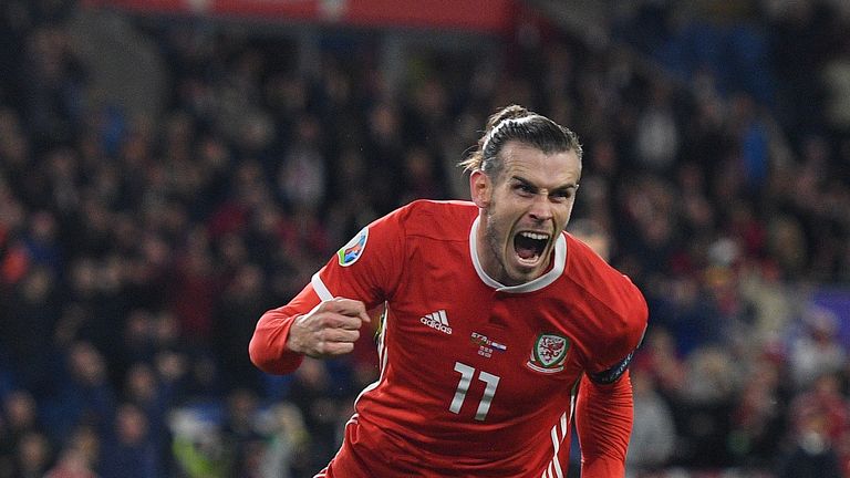 CARDIFF, WALES - OCTOBER 13: Gareth Bale of Wales celebrates scoring his team's first goal during the UEFA Euro 2020 qualifier between Wales and Croatia at Cardiff City Stadium on October 13, 2019 in Cardiff, Wales. (Photo by Harry Trump/Getty Images)