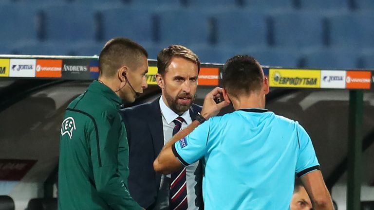 Gareth Southgate talks to the referee during England's win over Bulgaria