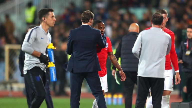 Gareth Southgate embraces Raheem Sterling after he is substituted during the second half of England's Euro 2020 qualifier vs Bulgaria