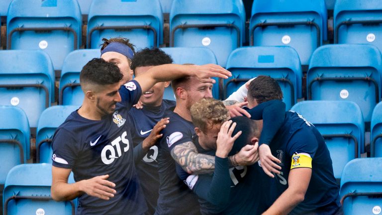 Kilmarnock's Gary Dicker (R) celebrates his goal with teammates during the Ladbrokes Premiership match between Kilmarnock and St Mirren, at Rugby Park