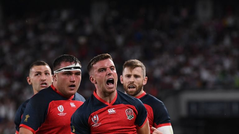 George Ford celebrates scoring a try against Argentina