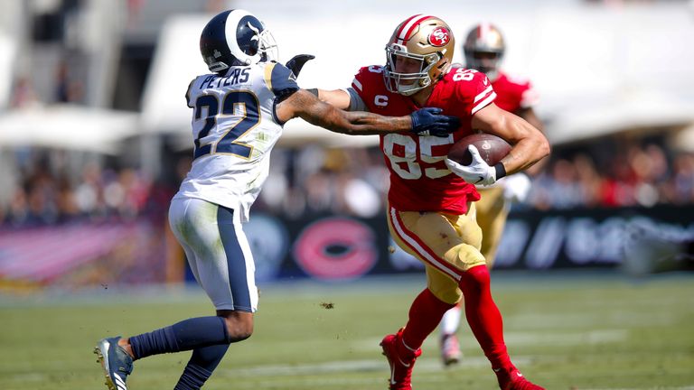 LOS ANGELES, CA - OCTOBER 13: George Kittle #85 of the San Francisco 49ers makes a reception and runs for a 45-yard gain during the game against the Los Angeles Rams at the Los Angeles Memorial Coliseum on October 13, 2019 in Los Angeles, California. The 49ers defeated the Rams 20-7. (Photo by Michael Zagaris/San Francisco 49ers/Getty Images)  *** Local Caption *** George Kittle