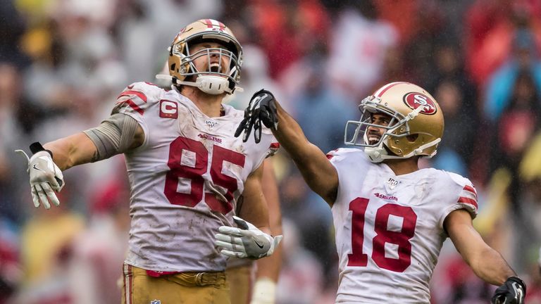 LANDOVER, MD - OCTOBER 20: George Kittle #85 and Dante Pettis #18 of the San Francisco 49ers celebrate after a first down against the Washington Redskins during the second half at FedExField on October 20, 2019 in Landover, Maryland. (Photo by Scott Taetsch/Getty Images)
