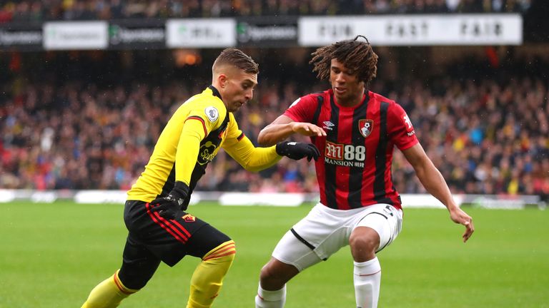 Gerard Deulofeu takes on Nathan Ake