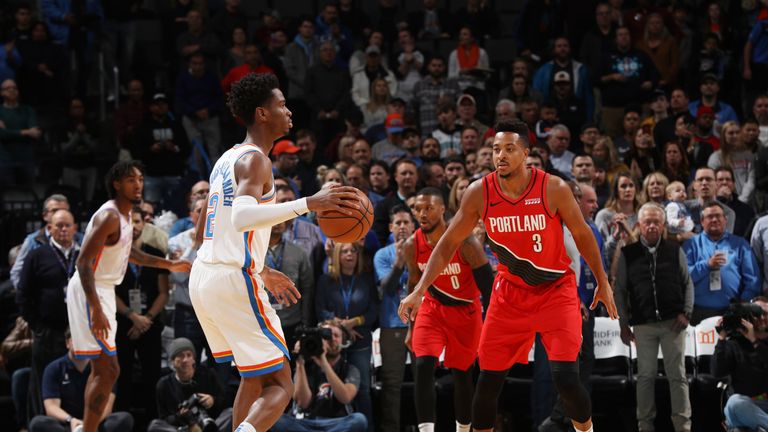 Shai Gilge ous-Alexander of the Oklahoma City Thunder handles the ball against CJ McCollum of the Portland Trail Blazers
