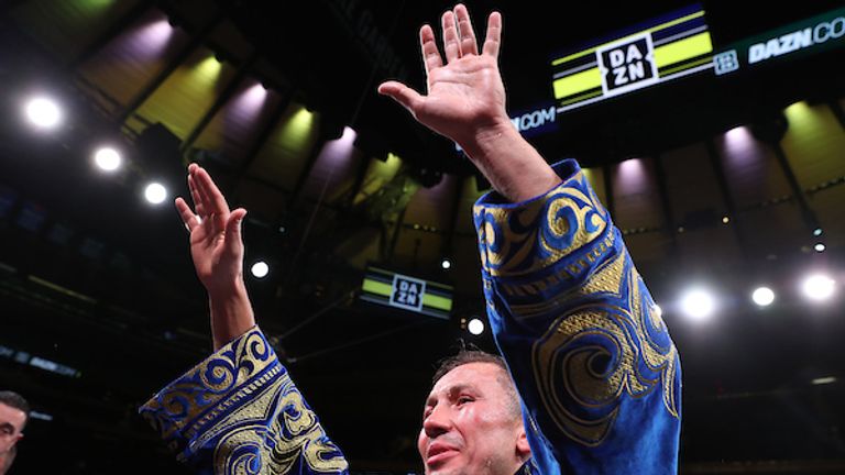 October 5, 2019; New York, NY, USA; Gennadiy Golovkin and Sergiy Derevyanchenko during their bout at Madison Square Garden. Mandatory Credit: Ed Mulholland/Matchroom Boxing USA