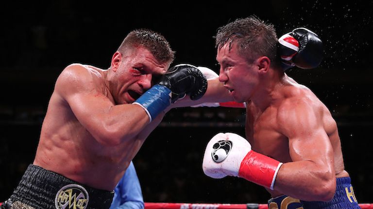 October 5, 2019; New York, NY, USA; Gennadiy Golovkin and Sergiy Derevyanchenko during their bout at Madison Square Garden. Mandatory Credit: Ed Mulholland/Matchroom Boxing USA