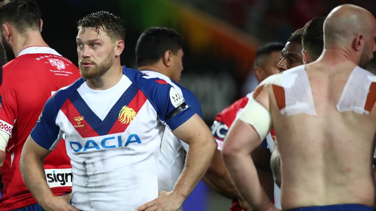 HAMILTON, NEW ZEALAND - OCTOBER 26: Great Britain reaction during the International Rugby League Test match between the Great Britain Lions and Mate Ma'a Tonga at FMG Stadium on October 26, 2019 in Hamilton, New Zealand. (Photo by Fiona Goodall/Getty Images)