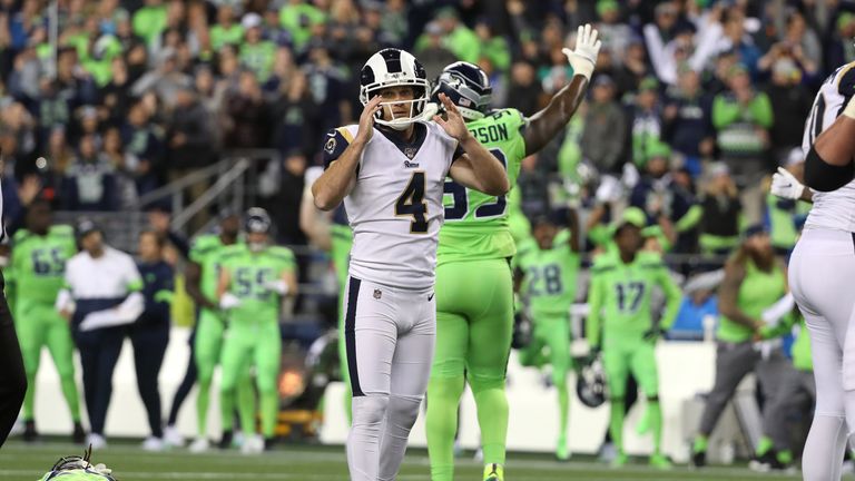 Greg Zuerlein #4 of the Los Angeles Rams reacts after missing a 44 yard field goal attempt to fall to the Seattle Seahawks 30-29 in the fourth quarter during their game at CenturyLink Field on October 03, 2019 in Seattle, Washington.