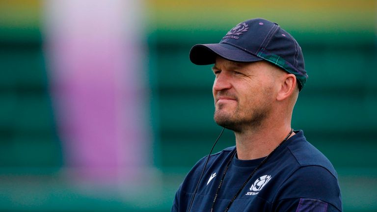 Scotland&#39;s head coach Gregor Townsend watches his players practice in a training session at Enshunada Coastal Park in Hamamatsu on October 7, 2019, during the Japan 2019 Rugby World Cup. 