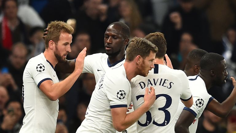 Harry Kane celebrates his opening goal against Red Star Belgrade