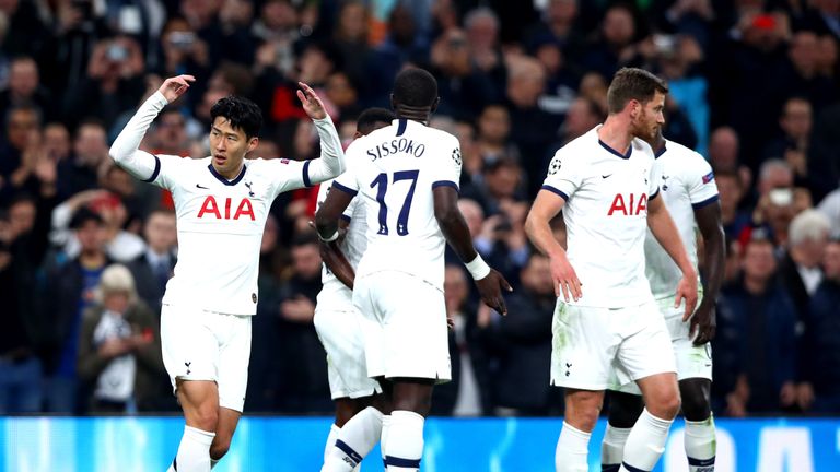 Heung-Min Son celebrates after putting Tottenham 2-0 up against Red Star Belgrade