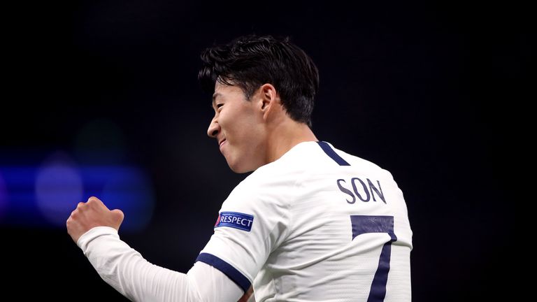 Heung-Min Son celebrates scoring his Tottenham&#39;s third goal against Red Star Belgrade