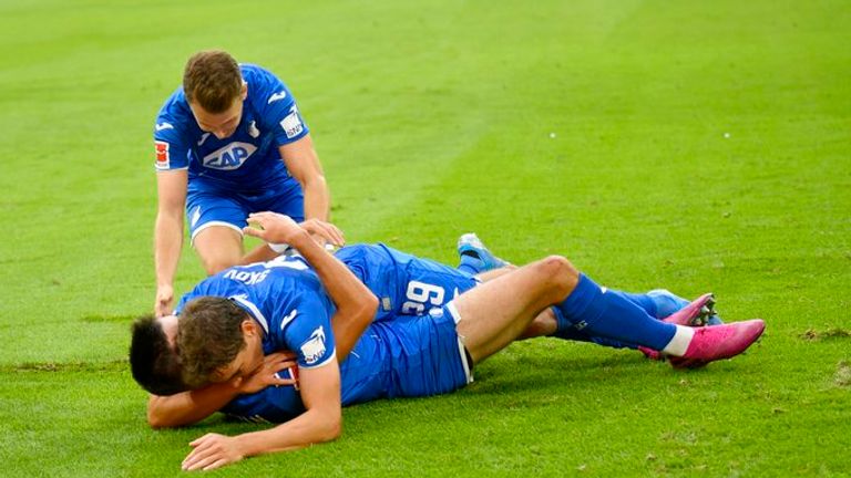 Hoffenheim celebrate a 2-1 win over Bayern Munich at the Allianz Arena