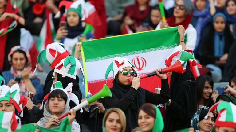 Female football fans show their support ahead of a World Cup Qualifier between Iran and Cambodia at Azadi Stadium in Theran on October 10, 2019