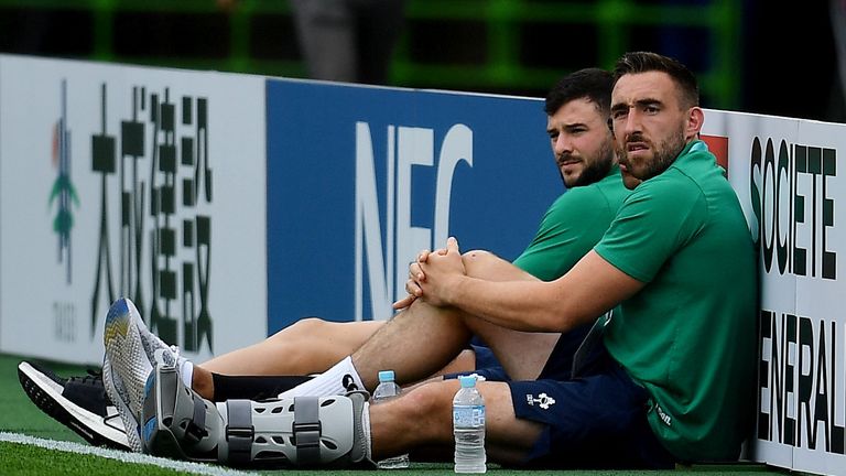 28 September 2019; Jack Conan, right, and Robbie Henshaw of Ireland watch on prior to the 2019 Rugby World Cup Pool A match between Japan and Ireland at the Shizuoka Stadium Ecopa in Fukuroi, Shizuoka Prefecture, Japan