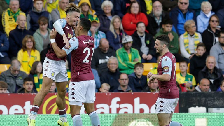 Jack Grealish of Aston Villa celebrates after scoring his sides third goal with Anwar El Ghazi of Aston Villa during the Premier League match between Norwich City and Aston Villa at Carrow Road