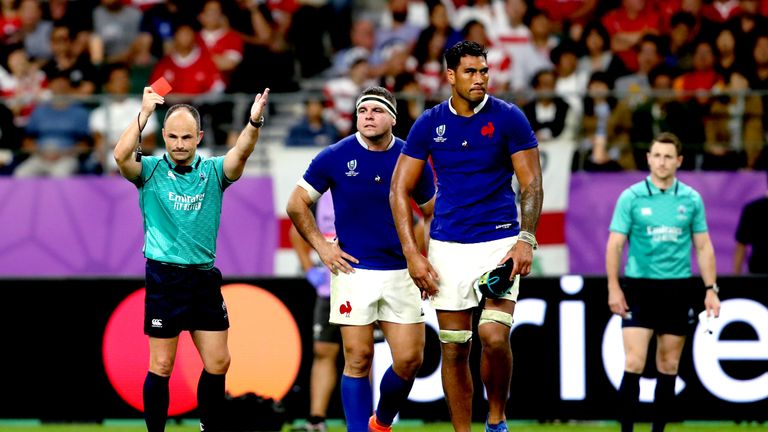 Referee Jaco Peyper shows France's Sebastien Vahaamahina a red card during the 2019 Rugby World Cup Quarter Final vs Wales
