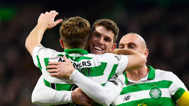Celtic's James Forrest celebrates with Ryan Christie after scoring to make it 2-0