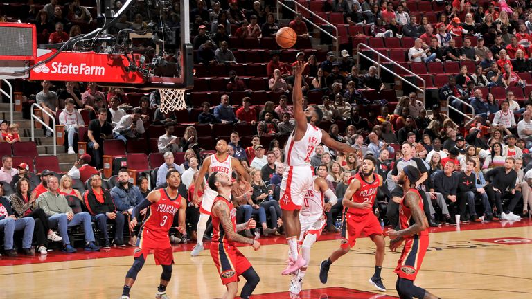 James Harden of the Houston Rockets shoots the ball against the New Orleans Pelicans