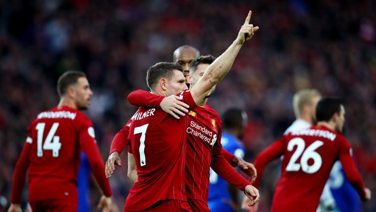 James Milner of Liverpool celebrates after scoring his team's second goal during the Premier League match between Liverpool FC and Leicester City at Anfield on October 05, 2019 in Liverpool, United Kingdom