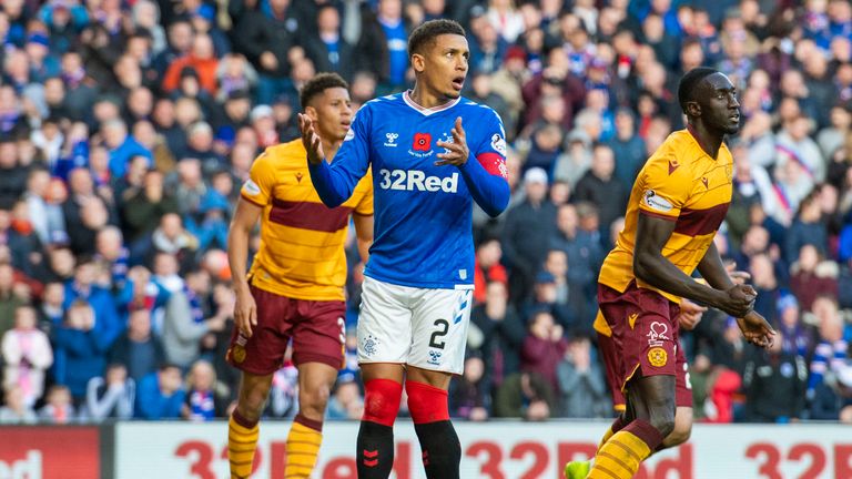 Rangers' James Tavernier hits the post from the penalty spot