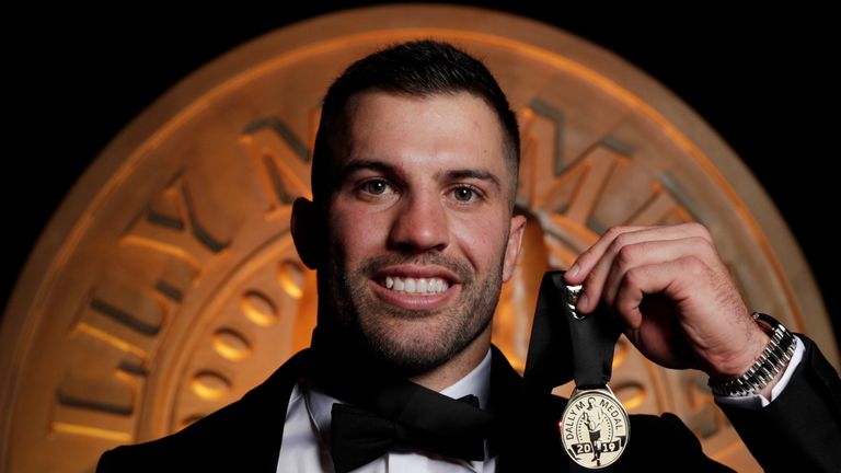 SYDNEY, AUSTRALIA - OCTOBER 02: James Tedesco poses with the Dally M medal after winning 2019 Player of the Year during the 2019 Dally M Awards at Hordern Pavilion on October 02, 2019 in Sydney, Australia. (Photo by Brook Mitchell/Getty Images)