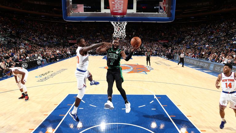Jaylen Brown of the Boston Celtics shoots the ball against the New York Knicks