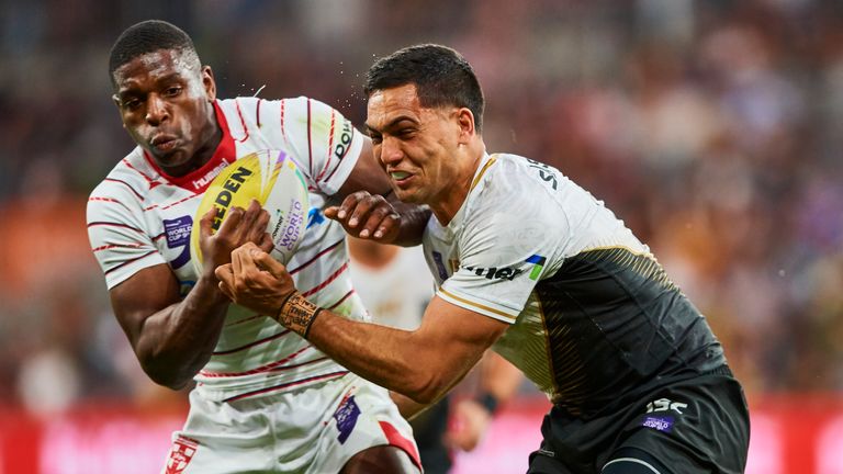 Jermaine McGillvary  in action for England against New Zealand