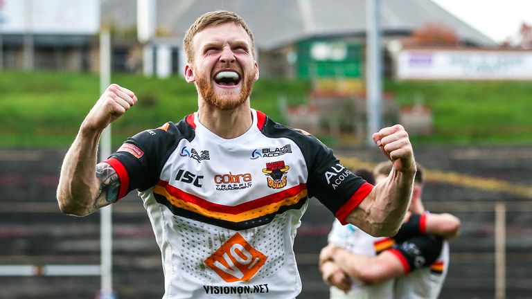 07/10/2018 - Rugby League - Betfred League 1 Promotion Play-off - Bradford Bulls v Workington Town - Odsal Stadium, Bradford, England - Bradford's Joe Keyes celebrates.