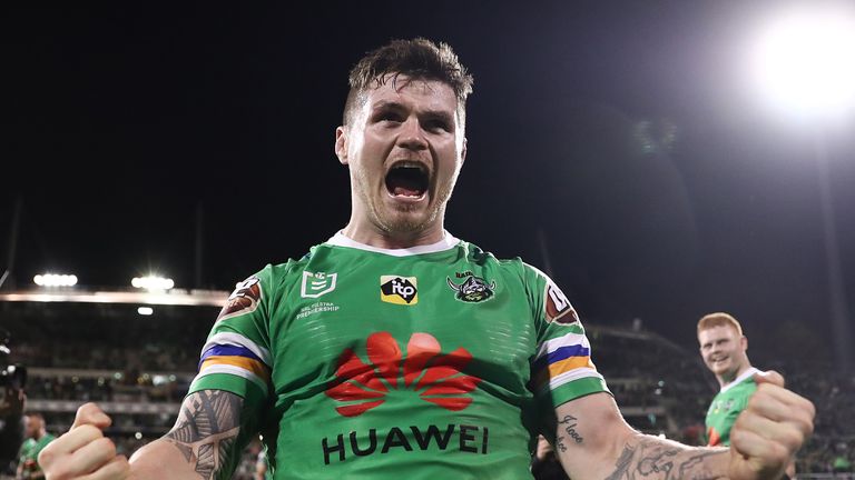 CANBERRA, AUSTRALIA - SEPTEMBER 27: John Bateman of the Raiders celebrates victory in the NRL Preliminary Final match between the Canberra Raiders and the South Sydney Rabbitohs at GIO Stadium on September 27, 2019 in Canberra, Australia. (Photo by Mark Metcalfe/Getty Images)