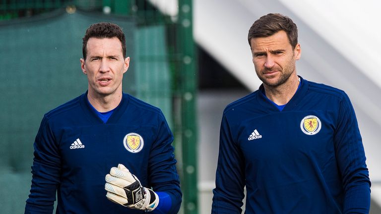 Scotland goalkeepers Jon McLaughlin (L) and David Marshall during a Scotland training session