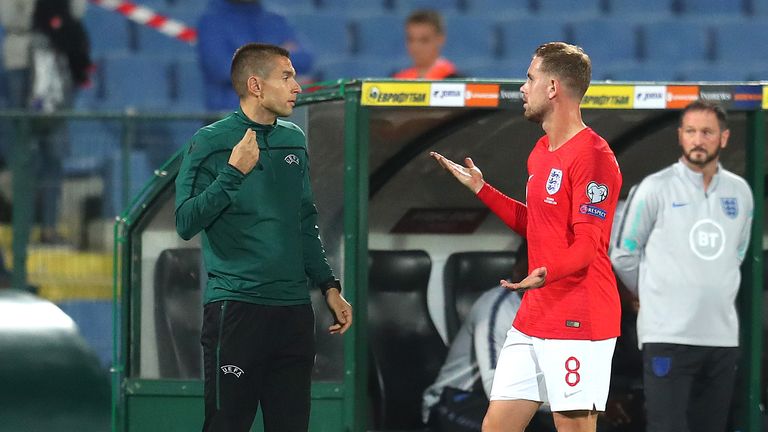 Jordan Henderson of England questions an official during the UEFA Euro 2020 qualifier between Bulgaria and England on October 14, 2019 in Sofia, Bulgaria.