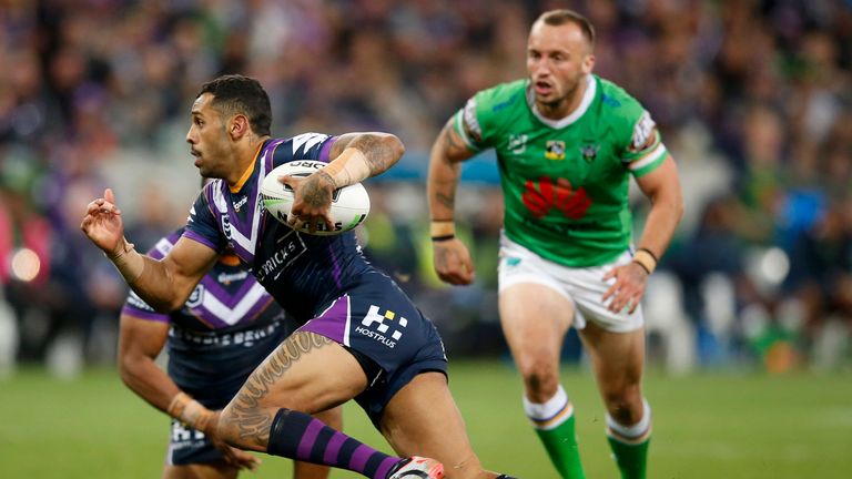 MELBOURNE, AUSTRALIA - SEPTEMBER 14: Josh Addo-Carr of the Storm runs with the ball during the NRL Qualifying Final match between the Melbourne Storm and the Canberra Raiders at AAMI Park on September 14, 2019 in Melbourne, Australia. (Photo by Darrian Traynor/Getty Images)