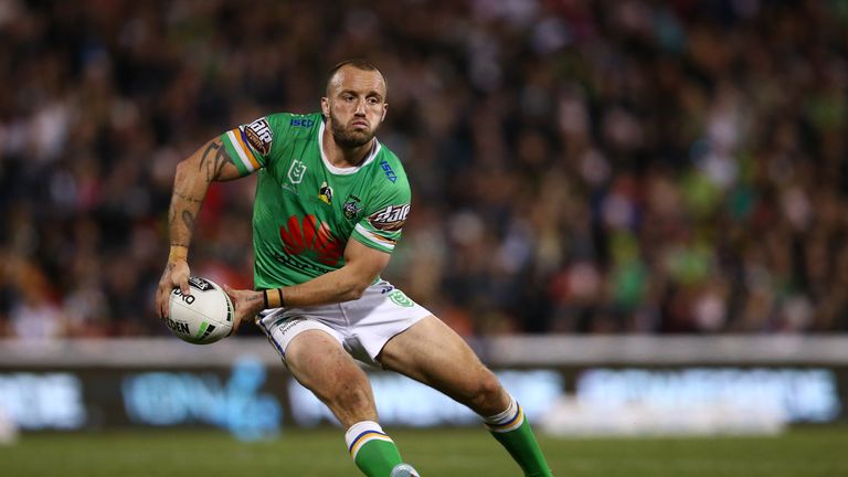 PENRITH, AUSTRALIA - JULY 28: Josh Hodgson of the Raiders looks to pass during the round 19 NRL match between the Panthers and Raiders at Panthers Stadium on July 28, 2019 in Penrith, Australia. (Photo by Jason McCawley/Getty Images)