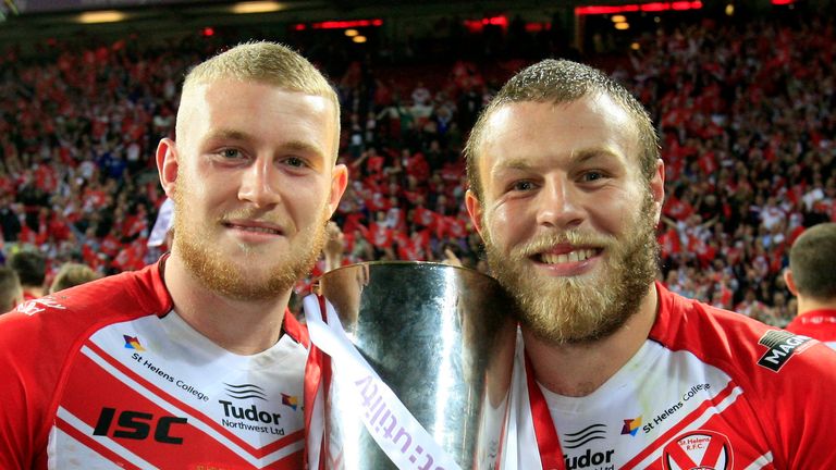 PICTURE BY CHRIS MANGNALL/SWPIX.COM...Rugby League - Super League Grand Final - St Helens Saints v Wigan Warriors - Old Trafford Stadium, Manchester, England - 11/10/14... St Helens Luke Thompson and Josh Jones