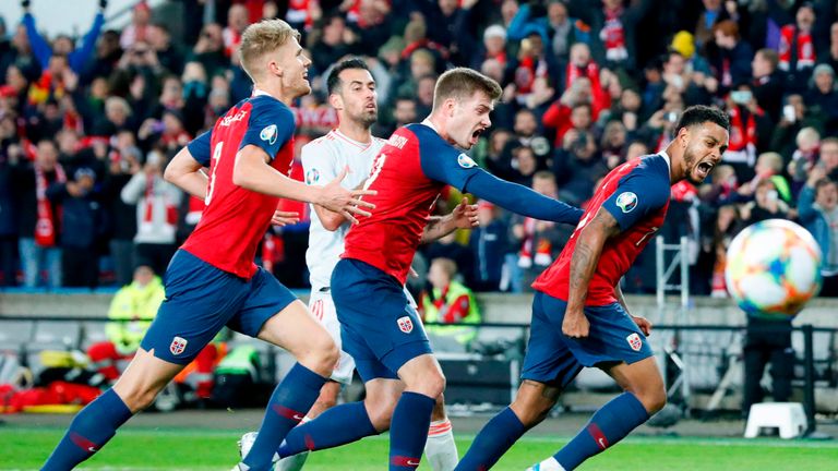 Josh King celebrates his late penalty for Norway against Spain