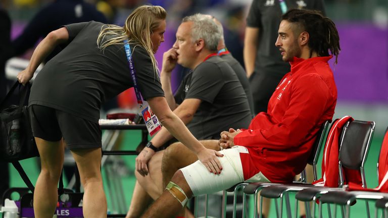 Josh Navidi of Wales after being substituted due to injury during the Rugby World Cup 2019 Quarter Final match between Wales and France at Oita Stadium on October 20, 2019 in Oita, Japan.